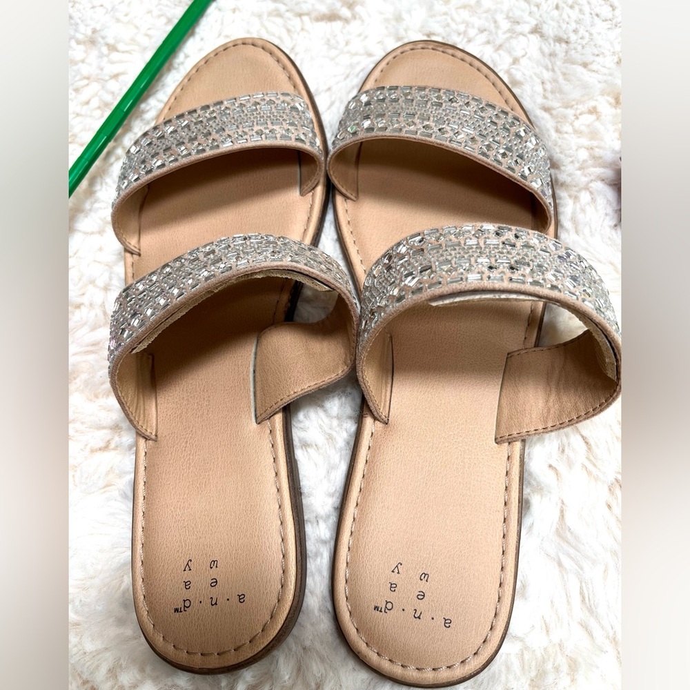 A New Day Tan Silver Sandals with Rhinestone Embellishments - Picture 4 of 7